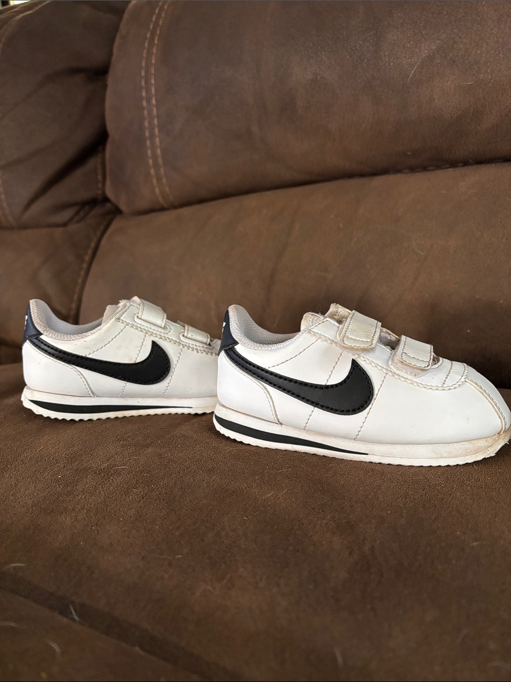 Nike Cortez White and Black Kids Velcro Sneakers, 7C